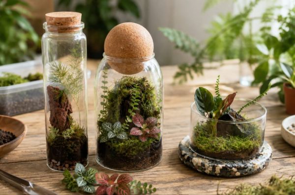 Three glass terrariums with moss, ferns and small plants on a wooden table.